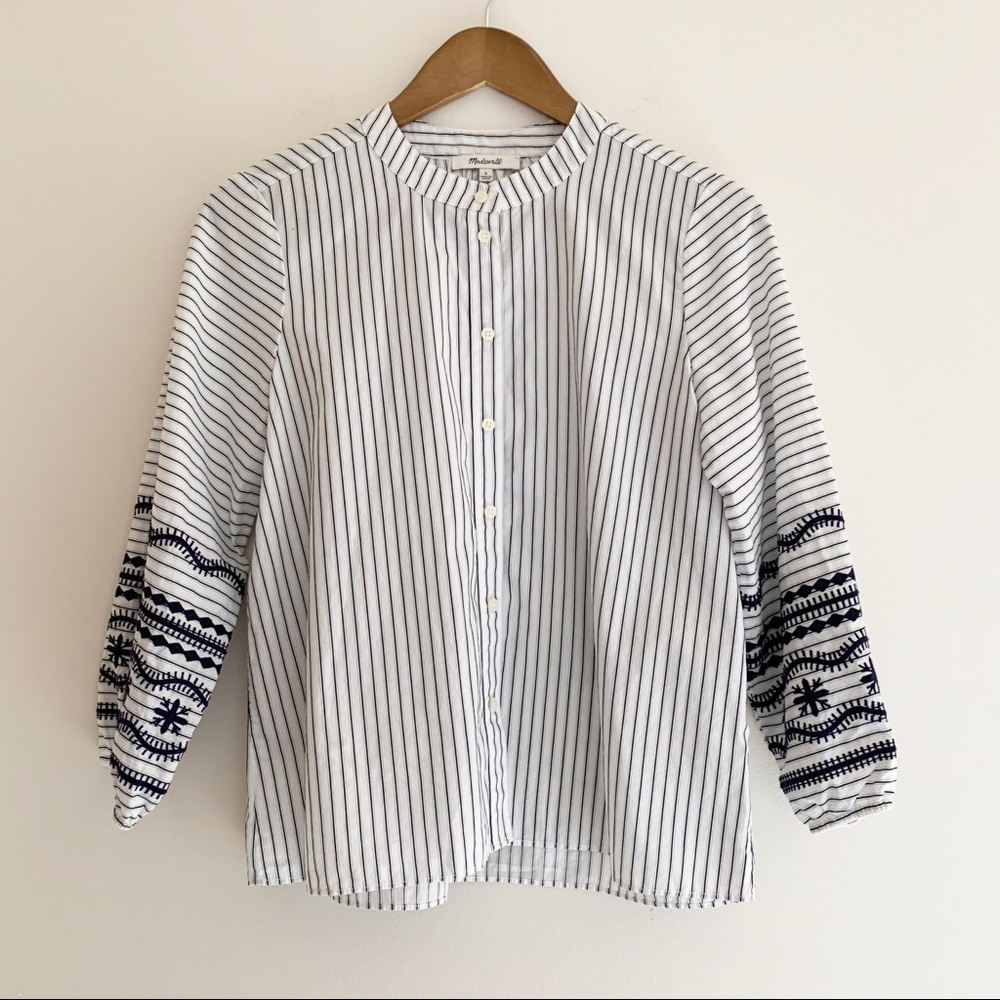 Madewell Blue Striped Embroidered Button Front Shirt Small Summer Coastal